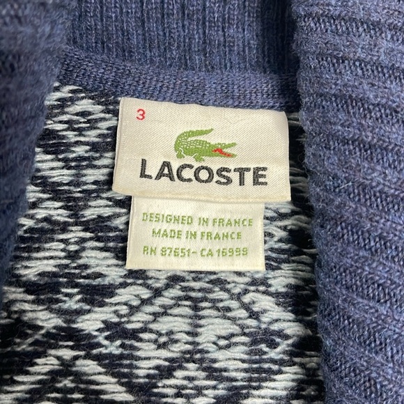 Lacoste Sweater Mens 3 Small Blue Nordic Wool Blend Shawl Collar Knit Pullover - Picture 3 of 6